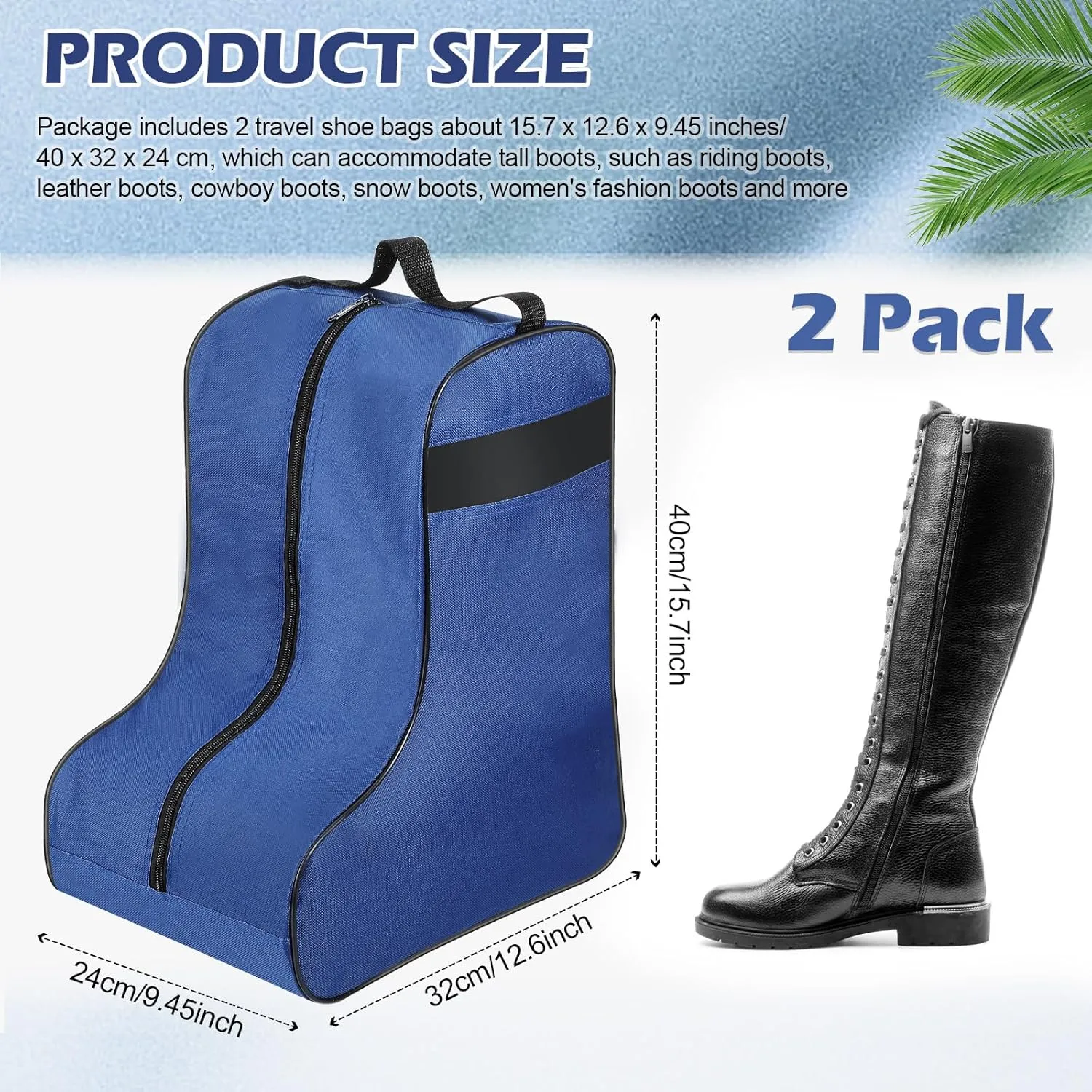 2 Pcs Boot Bags for Cowboy Boots Portable Storage Bag for Travel Long Tube Shoes Bags Men Tall Shoe with Handle for Home Travel (Dark Blue and Black)