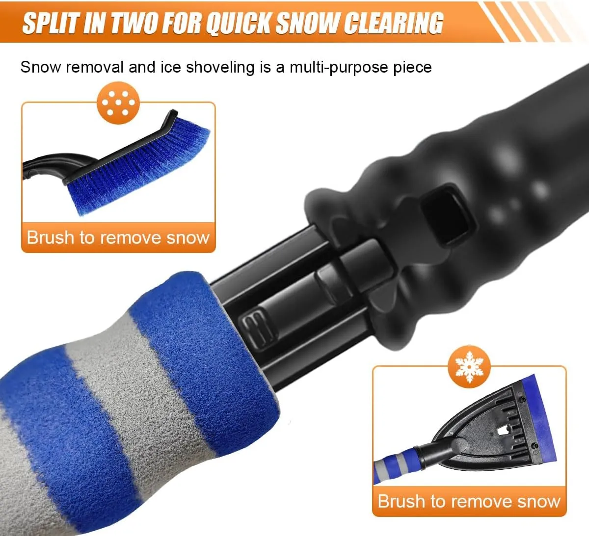 26" Snow Brush and Ice Scraper for Car Windshield, Detachable Snow and Ice Removal Tool with Ergonomic Comfortable Foam Grip, Winter Car Accessories for Cars, Trucks, SUVs Window (Blue)