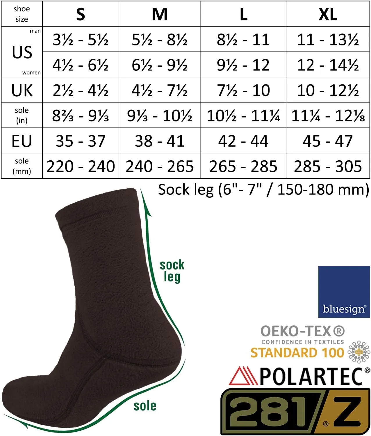 281Z Military Warm 6 inch Liners Boot Socks - Outdoor Tactical Hiking Sport - Polartec Fleece Winter Socks