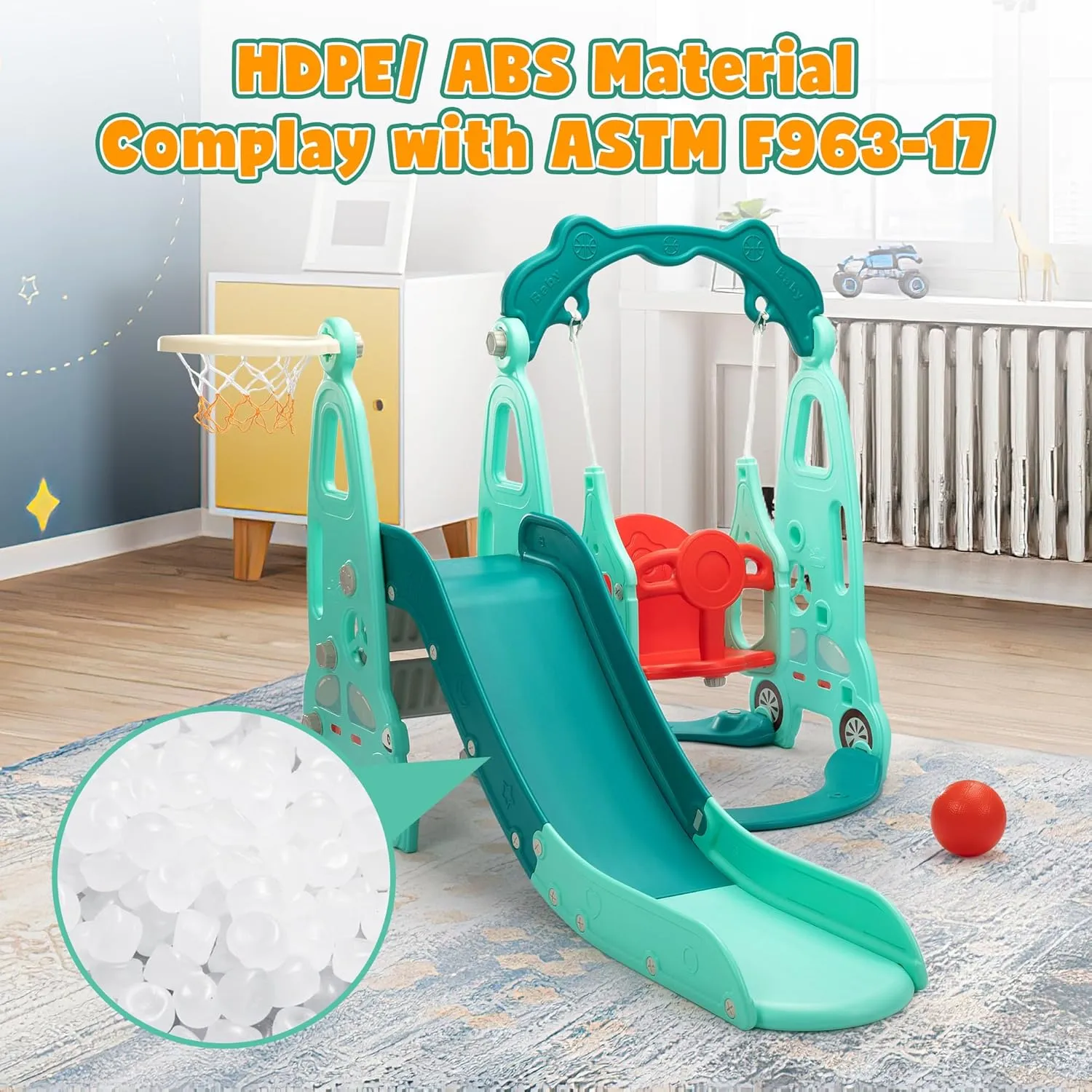 4 in 1 Slide Climber Swing Set, Freestanding Toddler Slide Climber Playset with Basketball Hoop, Toddler Playground Indoor Outdoor, Easy Setup