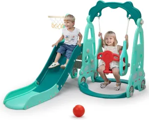 4 in 1 Slide Climber Swing Set, Freestanding Toddler Slide Climber Playset with Basketball Hoop, Toddler Playground Indoor Outdoor, Easy Setup