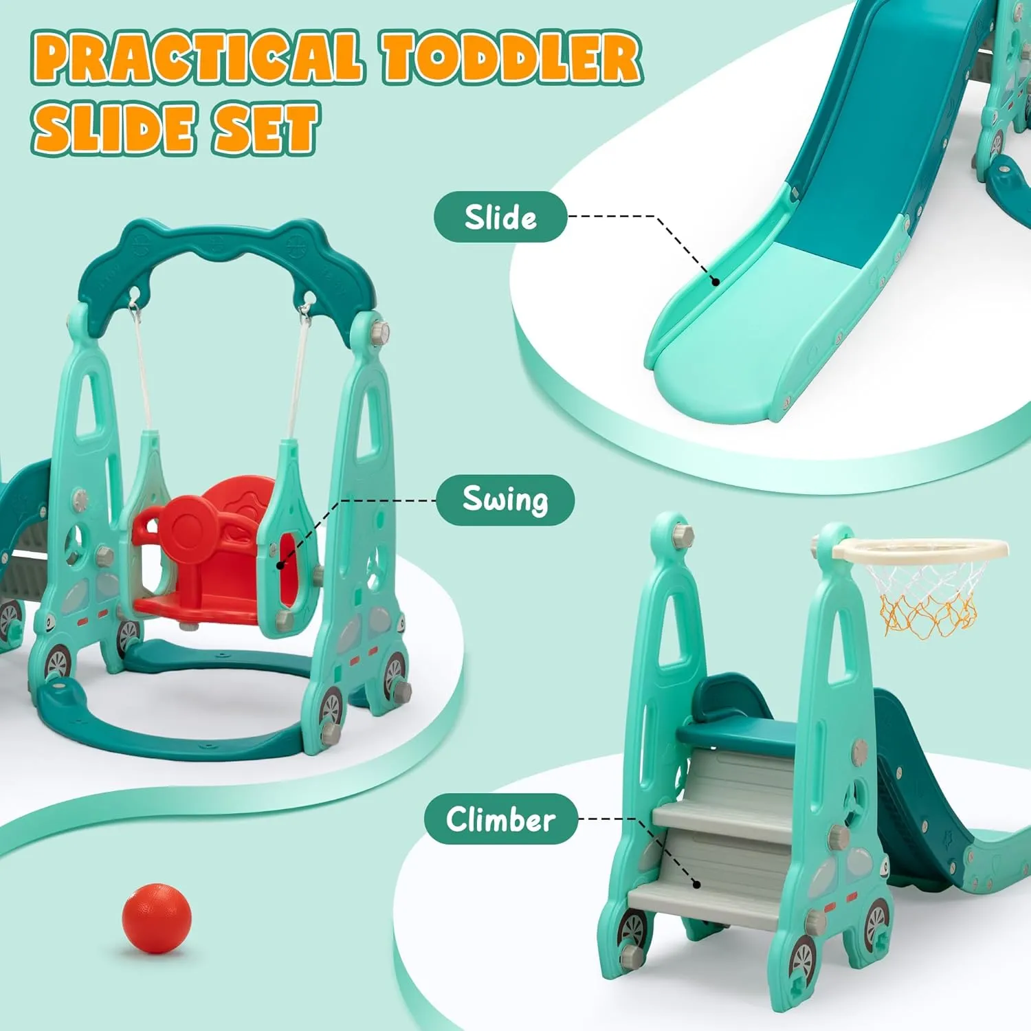 4 in 1 Slide Climber Swing Set, Freestanding Toddler Slide Climber Playset with Basketball Hoop, Toddler Playground Indoor Outdoor, Easy Setup