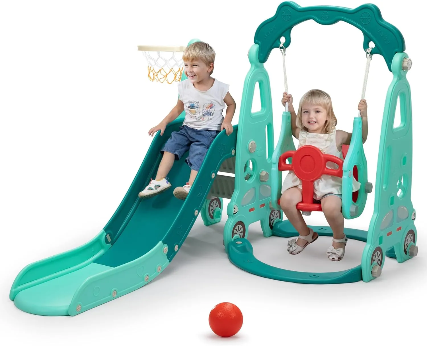 4 in 1 Slide Climber Swing Set, Freestanding Toddler Slide Climber Playset with Basketball Hoop, Toddler Playground Indoor Outdoor, Easy Setup