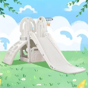 4 in 1 Toddler Climber and Slide Set, Kids Playground Climber Freestanding Slide Playset with Basketball Hoop Play Combination for Babies Indoor & Outdoor 3  (Grey)