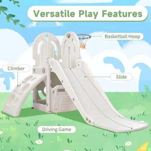 4 in 1 Toddler Climber and Slide Set, Kids Playground Climber Freestanding Slide Playset with Basketball Hoop Play Combination for Babies Indoor & Outdoor 3  (Grey)