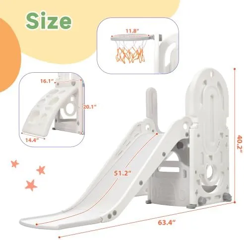 4 in 1 Toddler Climber and Slide Set, Kids Playground Climber Freestanding Slide Playset with Basketball Hoop Play Combination for Babies Indoor & Outdoor 3  (Grey)