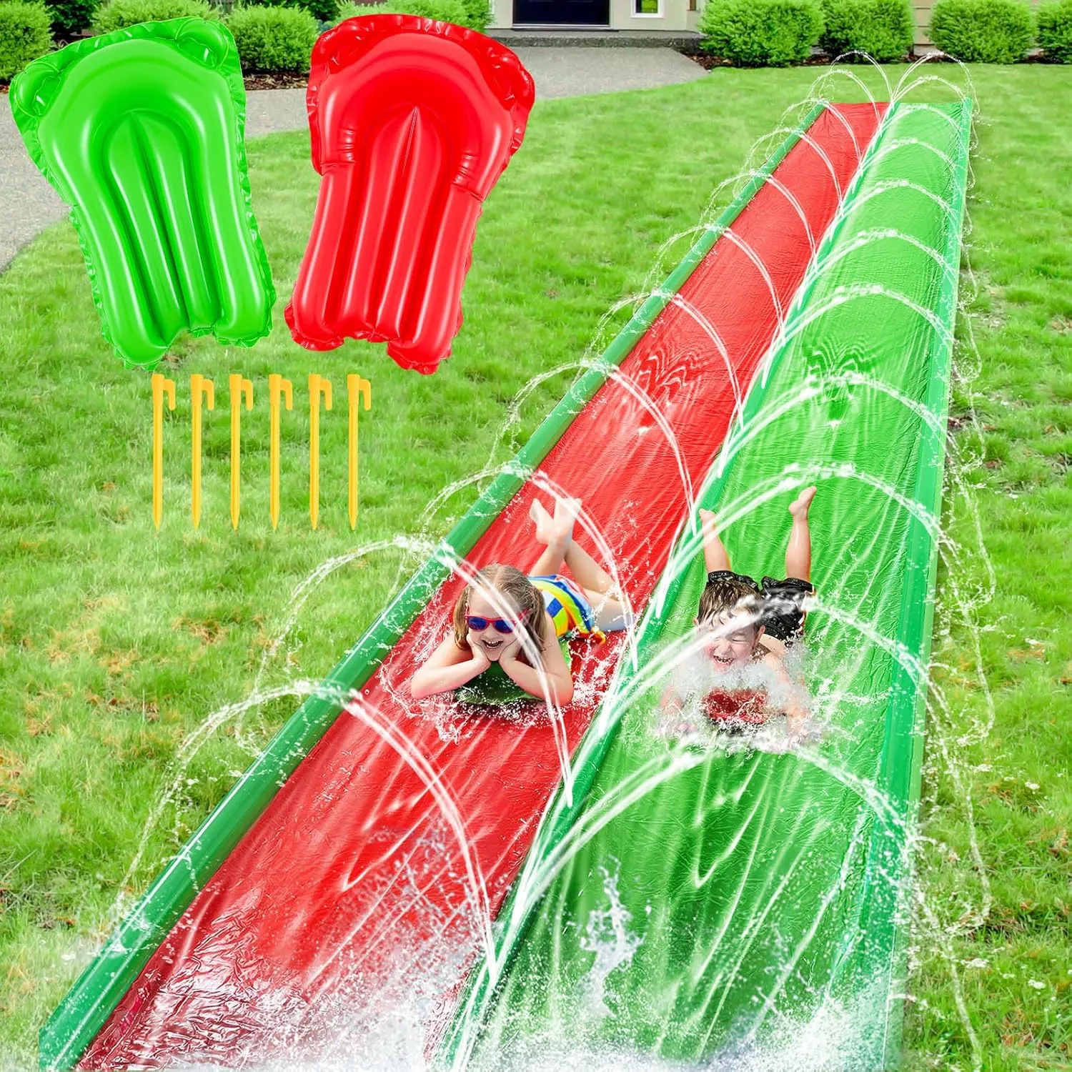 6.5 x 30 ft Water Slide with 2 Inflatable Boards,Extra Long Heavy Duty Slipping Sliding for Kids Adults Double Side Protection Design with Sprinkler for Backyard Outdoor Summer Parties