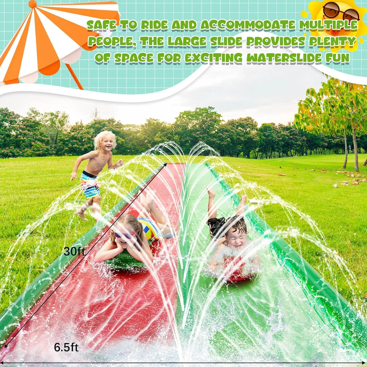 6.5 x 30 ft Water Slide with 2 Inflatable Boards,Extra Long Heavy Duty Slipping Sliding for Kids Adults Double Side Protection Design with Sprinkler for Backyard Outdoor Summer Parties