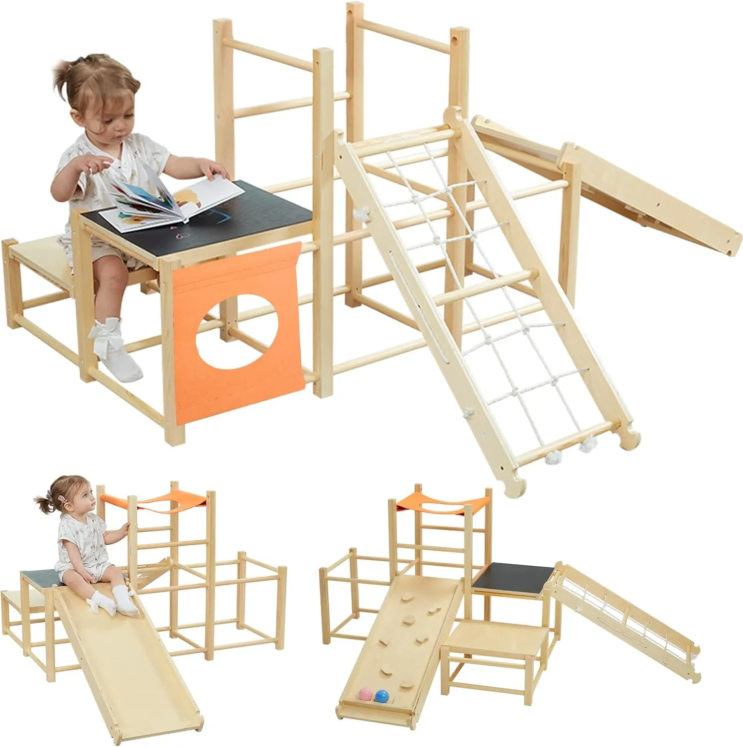 7-in-1 Wooden Toddler Climbing Toys for Toddlers 1-3 Indoor Jungle Gym Playground Baby Climber Playset with Rock Climbing Ramp&Slide& Rope Ladder for Playroom