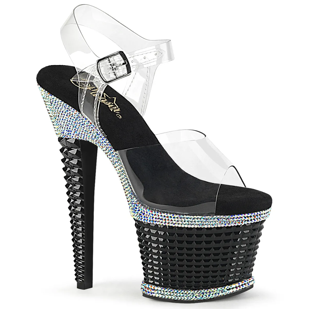 7 Inch Heel SPECTATOR-708RS Clear-Black-Rhinestone