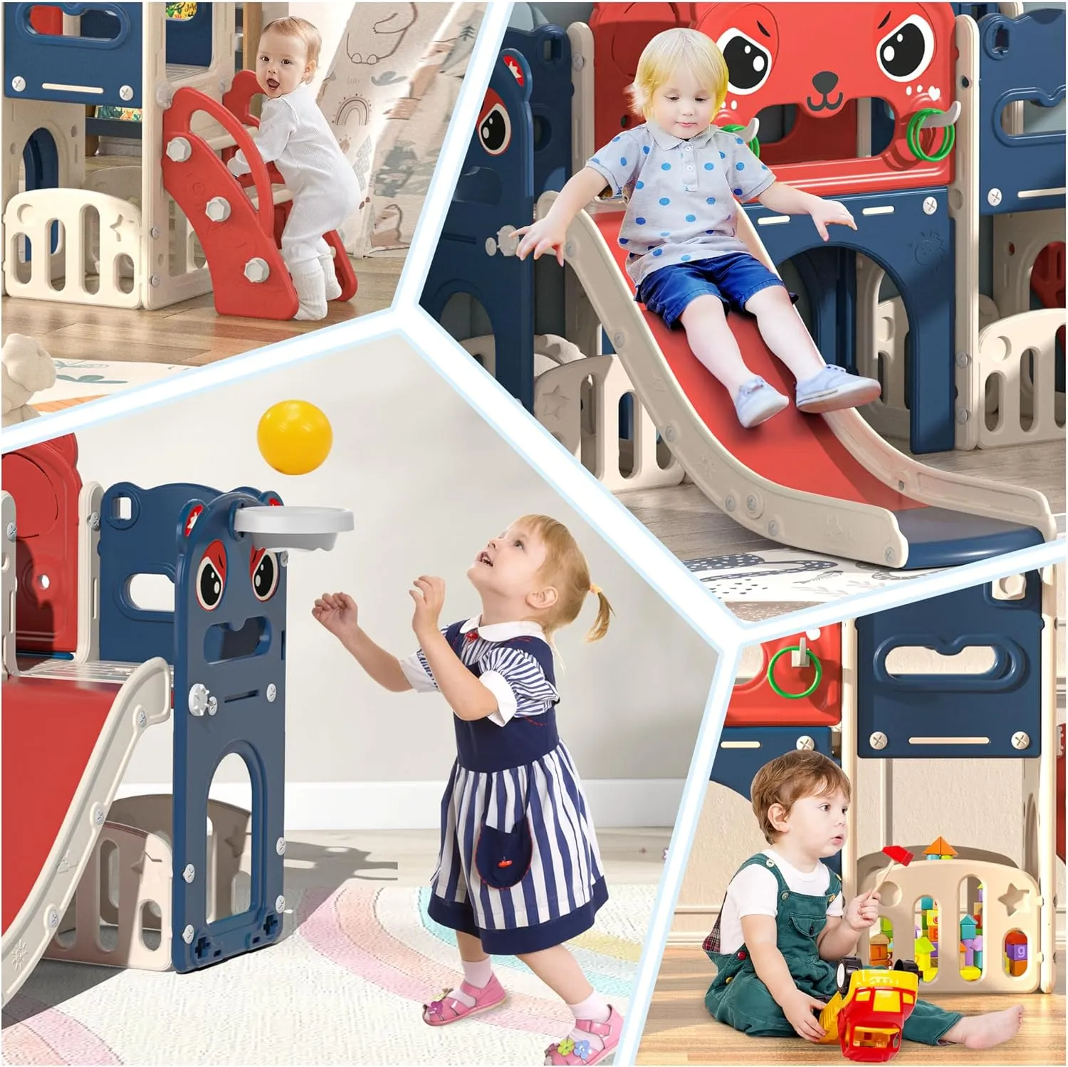 9-in-1 Toddler Slide and Climber Playset Freestanding Indoor Outdoor Kids Slide for Age 1-8, Backyard Playground with Basketball Hoop,Telescope,Storage Space