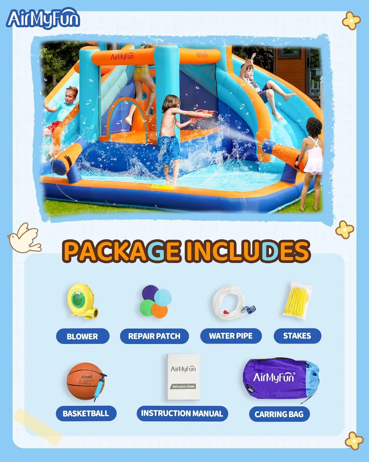 AirMYfun Water Slide Bounce House for Kid and Adult Outdoor with Large Splash Pool Inflatable Bouncy Castle with Long Dual Slide and Basketball Hoop for Kids Outdoor