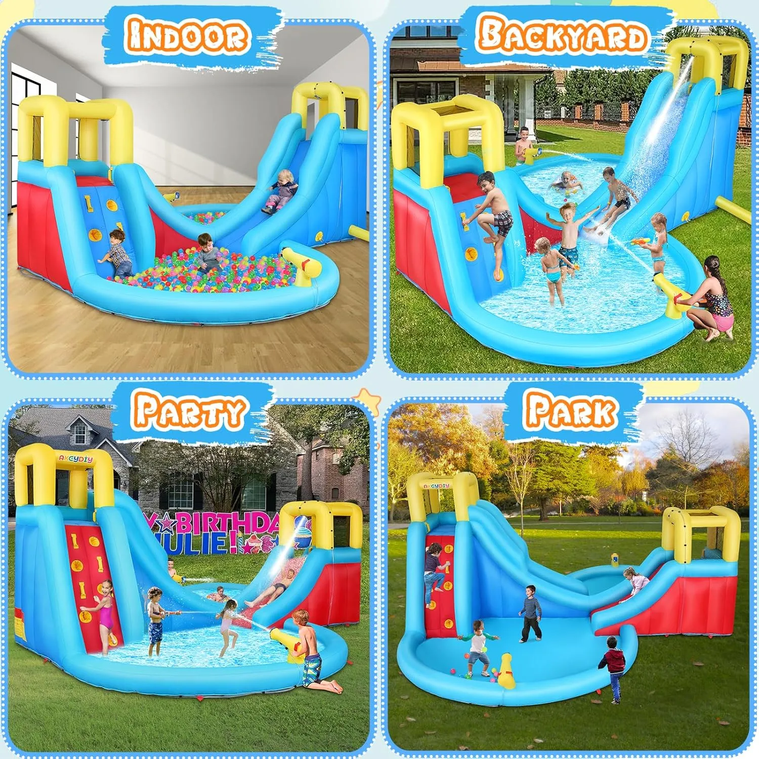 AKEYDIY Inflatable Water Slide Bounce House for Kids, Mega Water Park with Ball Shooting, Climbing Wall, Double Slides and Large Splash Pool, Outdoor Backyard Summer Fun, with 520W Blower