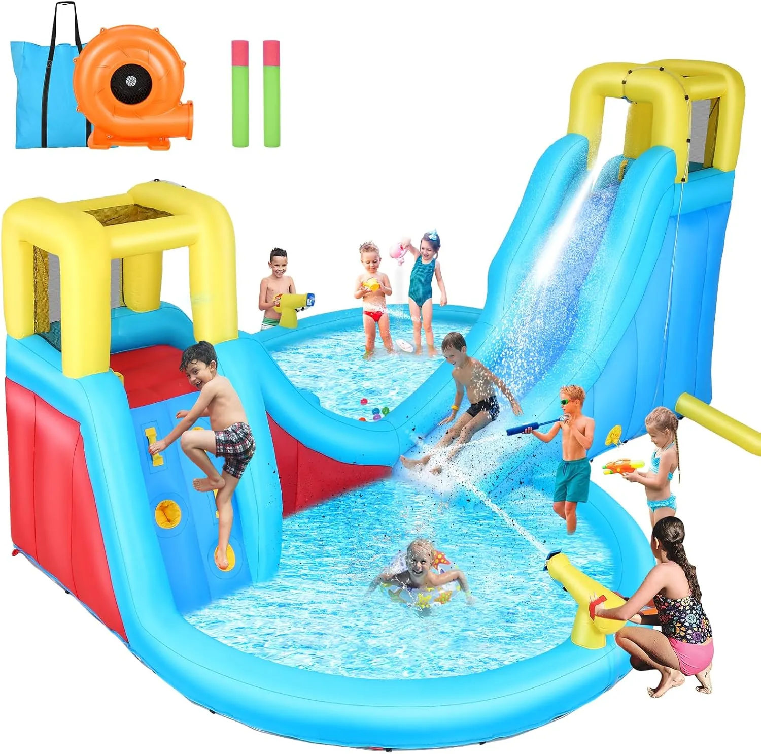 AKEYDIY Inflatable Water Slide Bounce House for Kids, Mega Water Park with Ball Shooting, Climbing Wall, Double Slides and Large Splash Pool, Outdoor Backyard Summer Fun, with 520W Blower