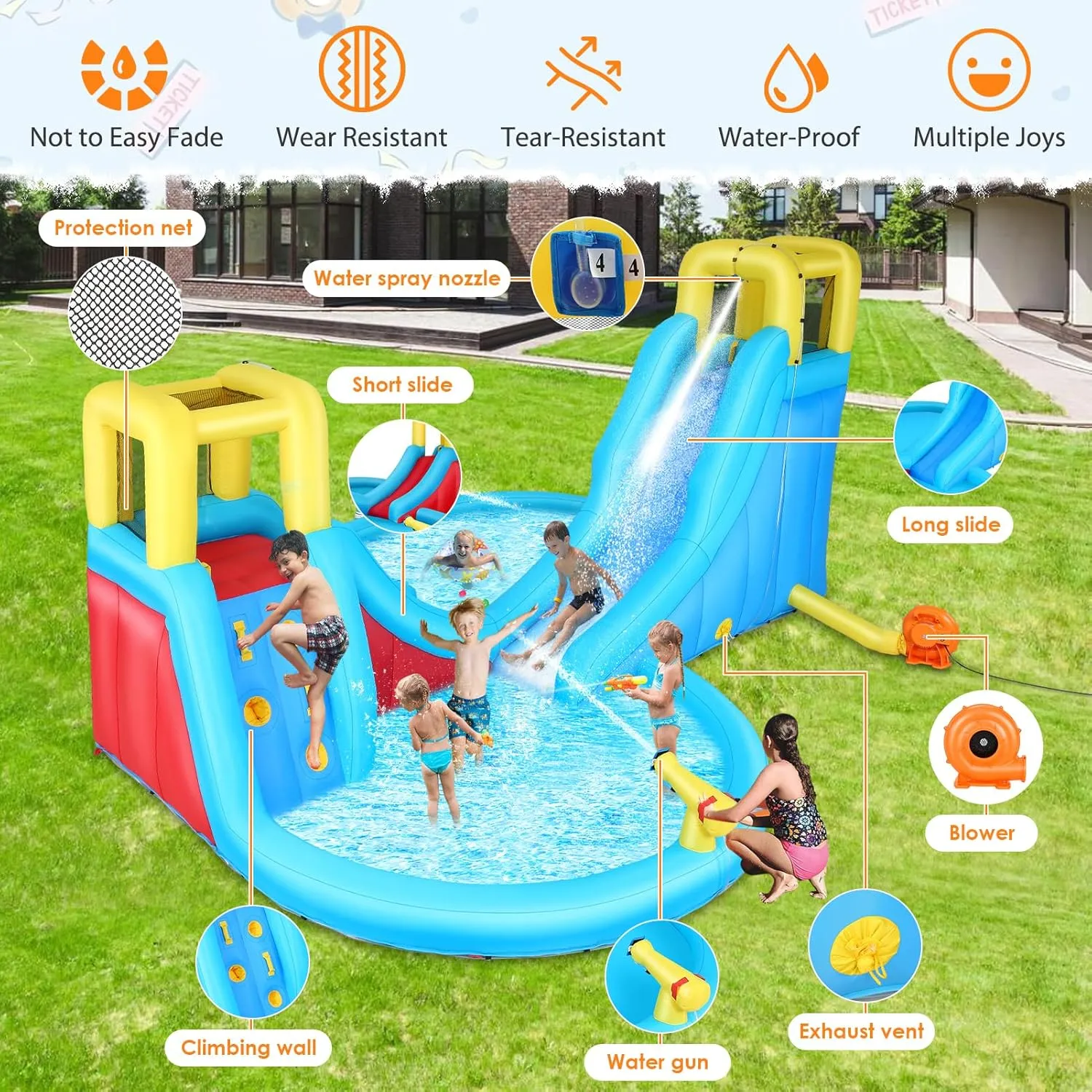 AKEYDIY Inflatable Water Slide Bounce House for Kids, Mega Water Park with Ball Shooting, Climbing Wall, Double Slides and Large Splash Pool, Outdoor Backyard Summer Fun, with 520W Blower