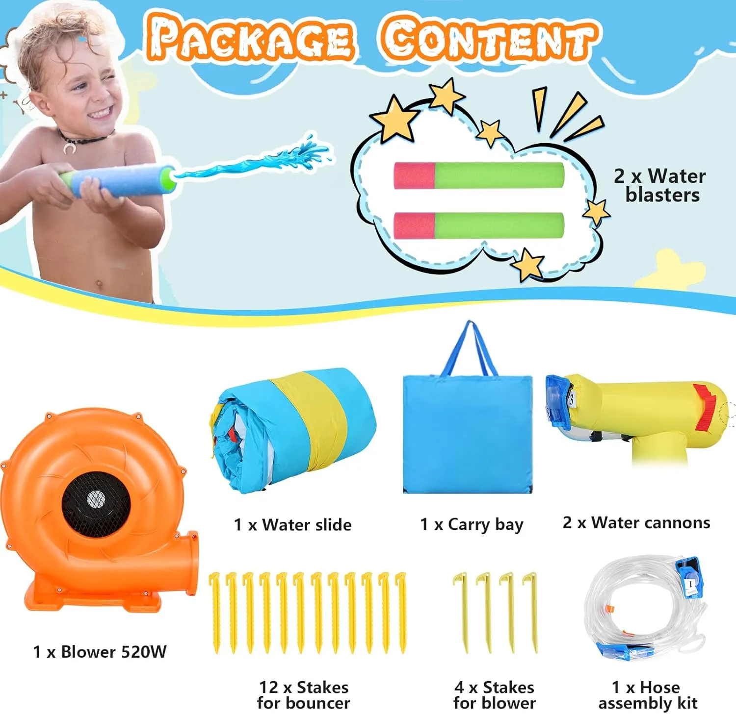 AKEYDIY Inflatable Water Slide Bounce House for Kids, Mega Water Park with Ball Shooting, Climbing Wall, Double Slides and Large Splash Pool, Outdoor Backyard Summer Fun, with 520W Blower