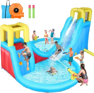 AKEYDIY Inflatable Water Slide Bounce House for Kids, Mega Water Park with Ball Shooting, Climbing Wall, Double Slides and Large Splash Pool, Outdoor Backyard Summer Fun, with 520W Blower
