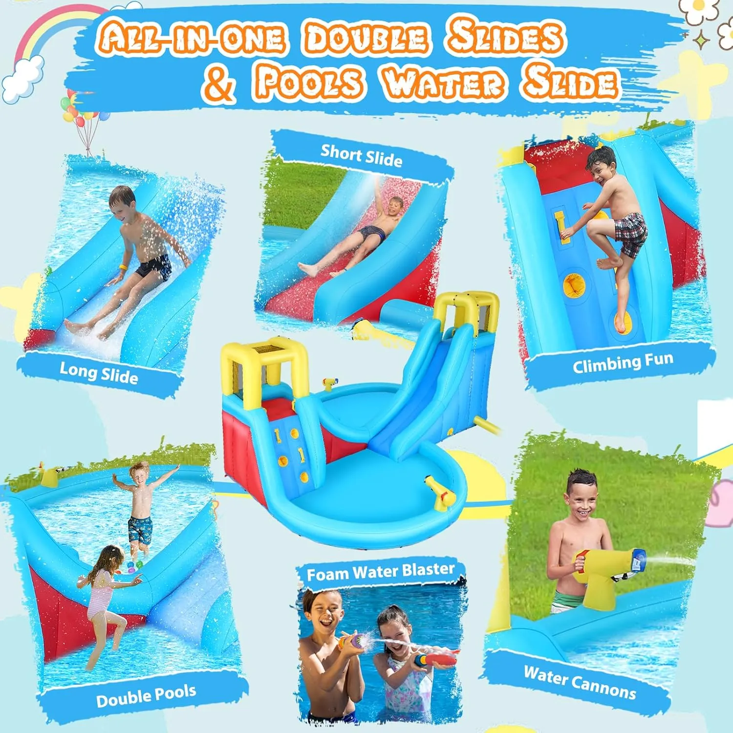 AKEYDIY Inflatable Water Slide Bounce House for Kids, Mega Water Park with Ball Shooting, Climbing Wall, Double Slides and Large Splash Pool, Outdoor Backyard Summer Fun, with 520W Blower
