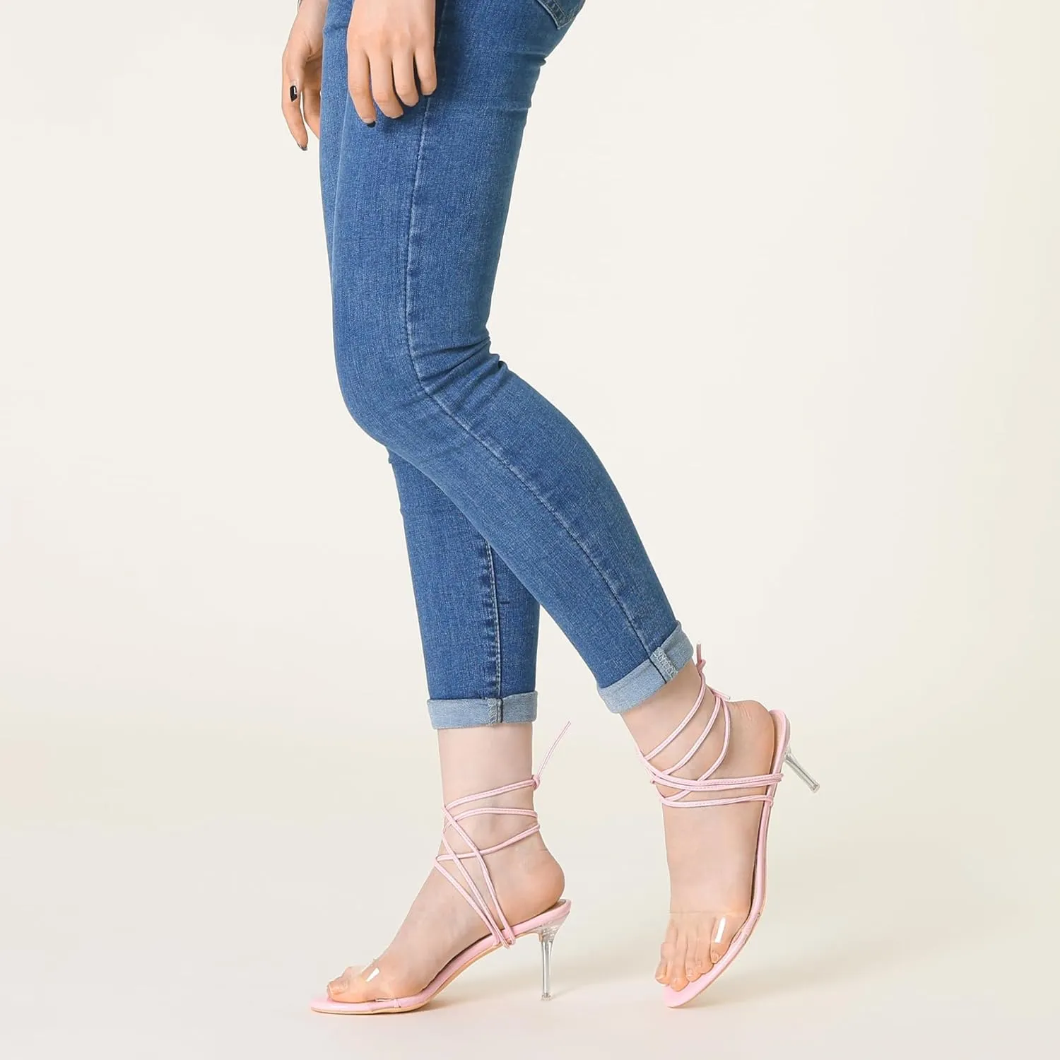 Allegra K Women's Clear Strap Lace Up Stiletto Heels Sandals
