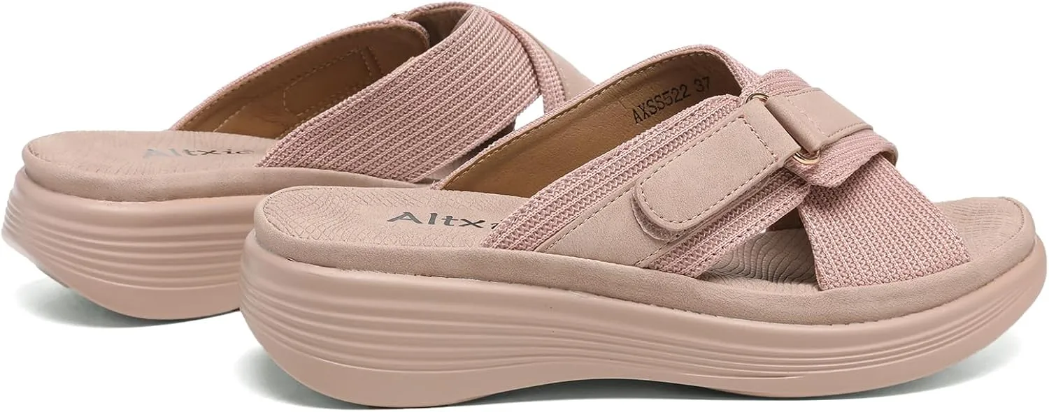 Altxic Women's Open Toe Crisscross Woven Comfy Casual Slip On Casual Walking Sport Slide Sandals With Adjustable Buckle Strap Summer Beach Shoe