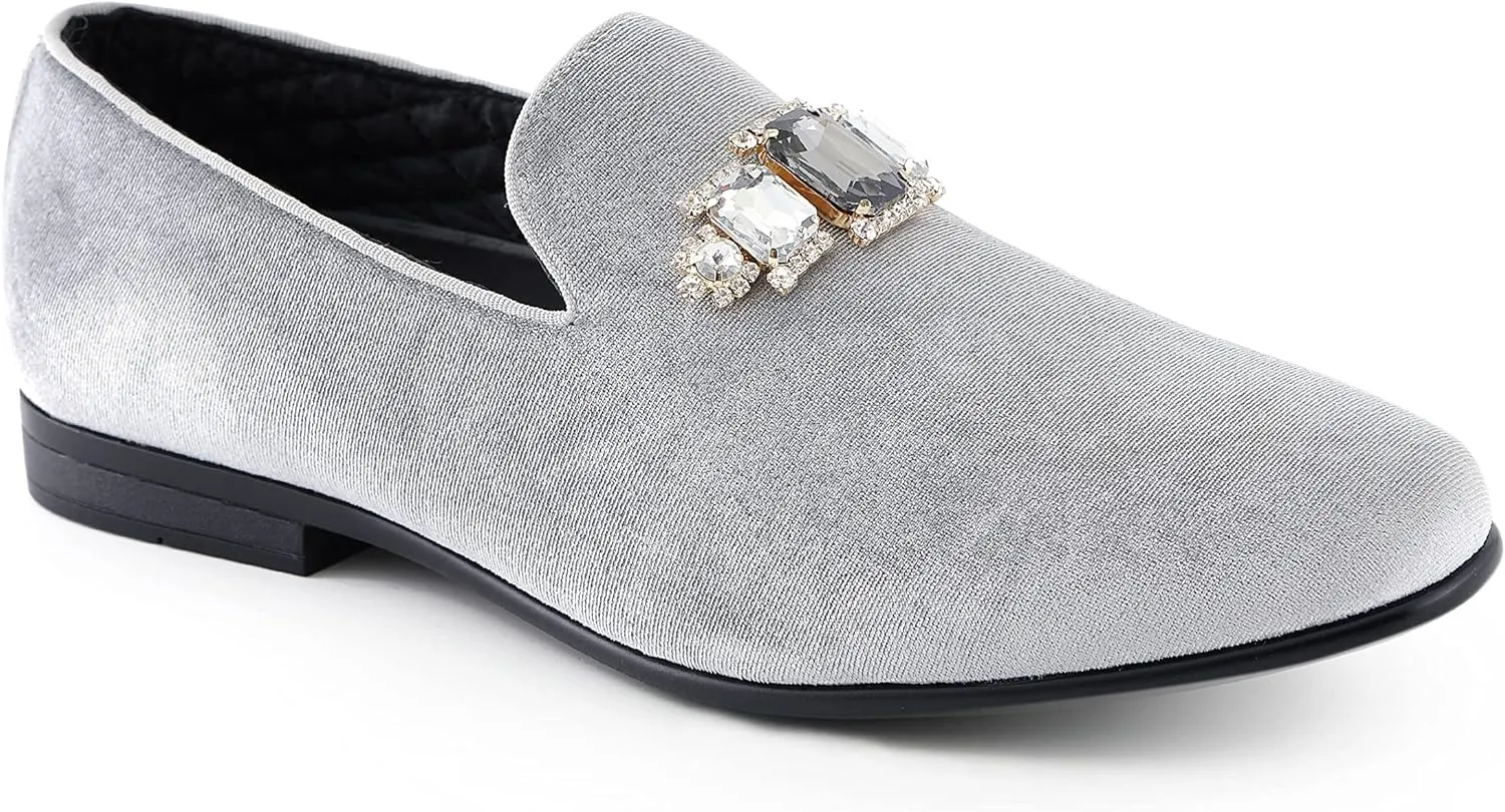 Amali Tiago- The Original Men's Faux Velvet Slip On Loafer with Jeweled Bit and Matching Piping - Mens Smoking Slip On Shoes - Formal Tuxedo Dress Shoe Loafers for Men