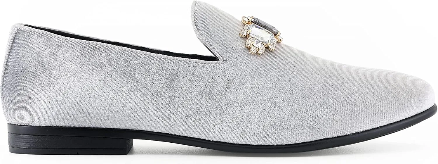 Amali Tiago- The Original Men's Faux Velvet Slip On Loafer with Jeweled Bit and Matching Piping - Mens Smoking Slip On Shoes - Formal Tuxedo Dress Shoe Loafers for Men