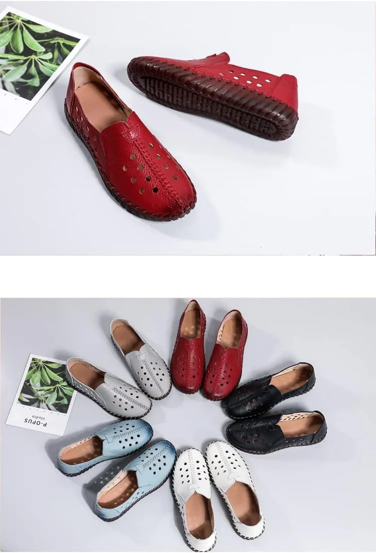 AngryMonkey Women's Leather Flat Slip on Loafers, Round Toe Soft Bottom Breathable Non-Slip Good Arch Walking Shoes Nurse Shoes