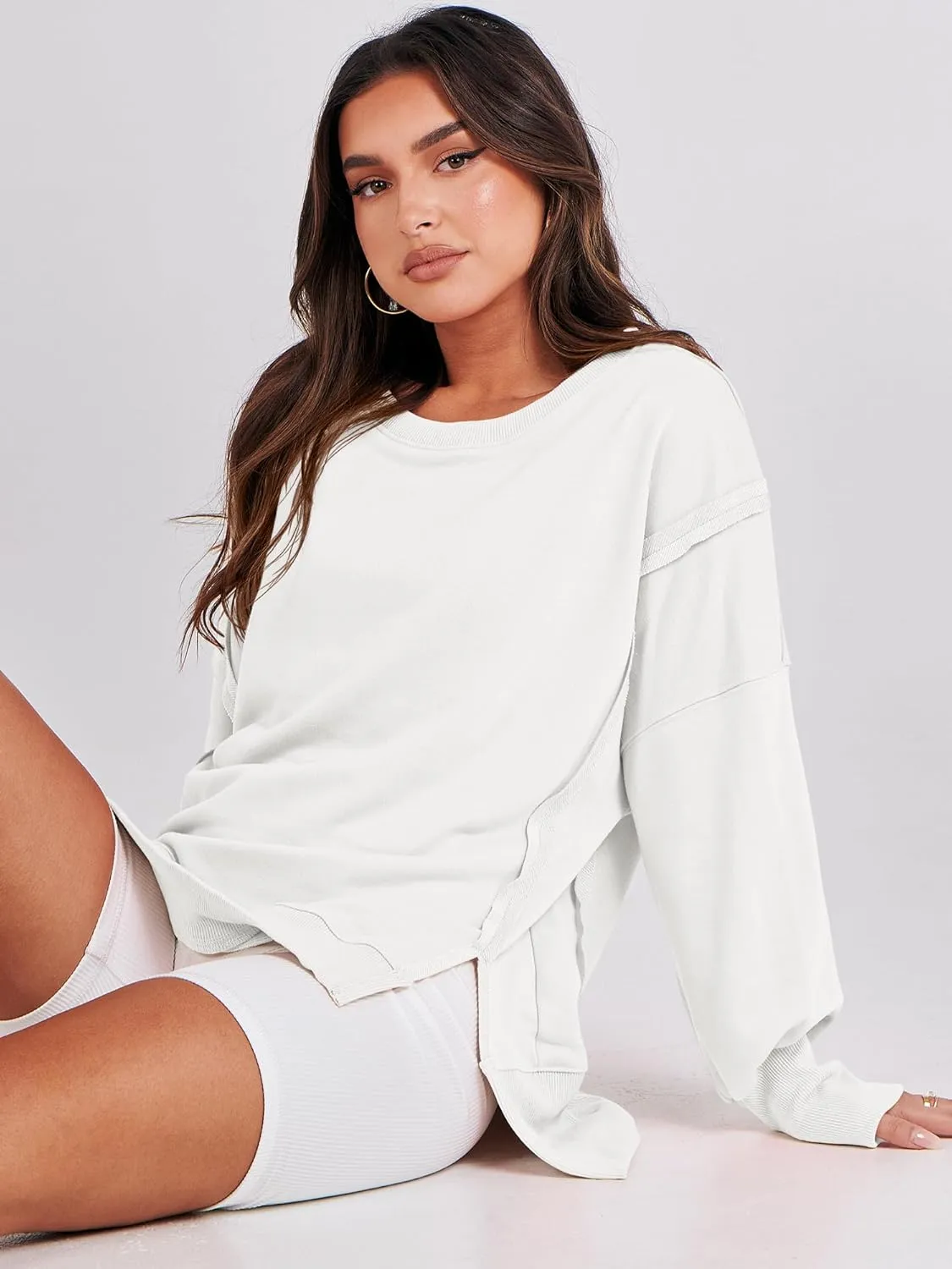 ANRABESS Women's Oversized Sweatshirts Crew Neck Long Sleeve Shirts Casual Loose Slit 2025 Fall Clothes