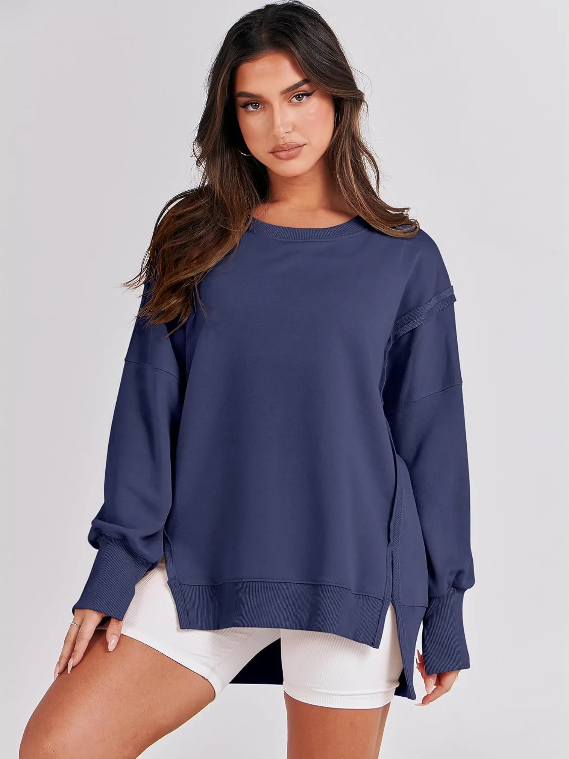 ANRABESS Women's Oversized Sweatshirts Crew Neck Long Sleeve Shirts Casual Loose Slit 2025 Fall Clothes