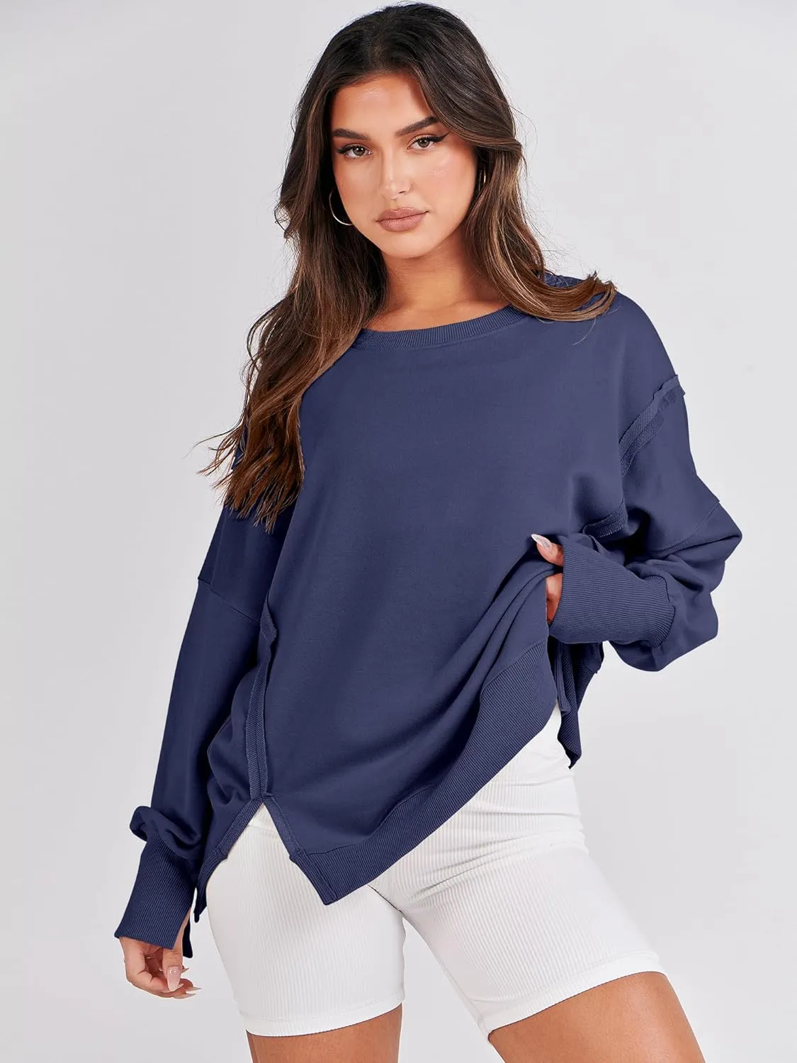 ANRABESS Women's Oversized Sweatshirts Crew Neck Long Sleeve Shirts Casual Loose Slit 2025 Fall Clothes