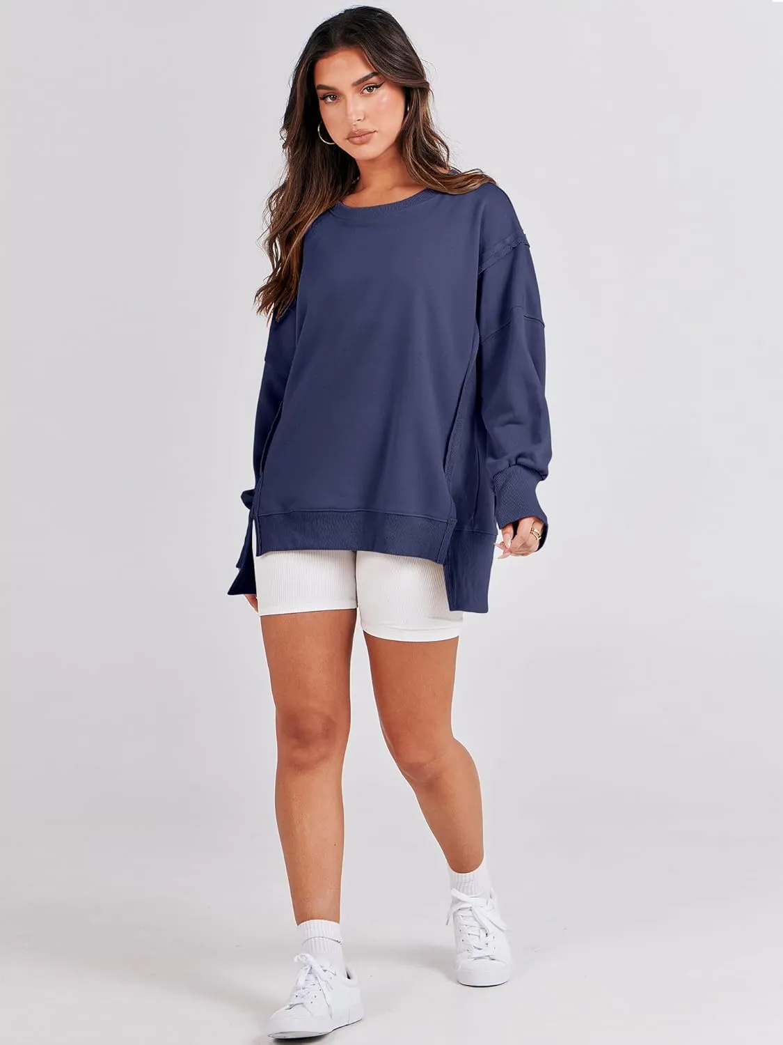 ANRABESS Women's Oversized Sweatshirts Crew Neck Long Sleeve Shirts Casual Loose Slit 2025 Fall Clothes
