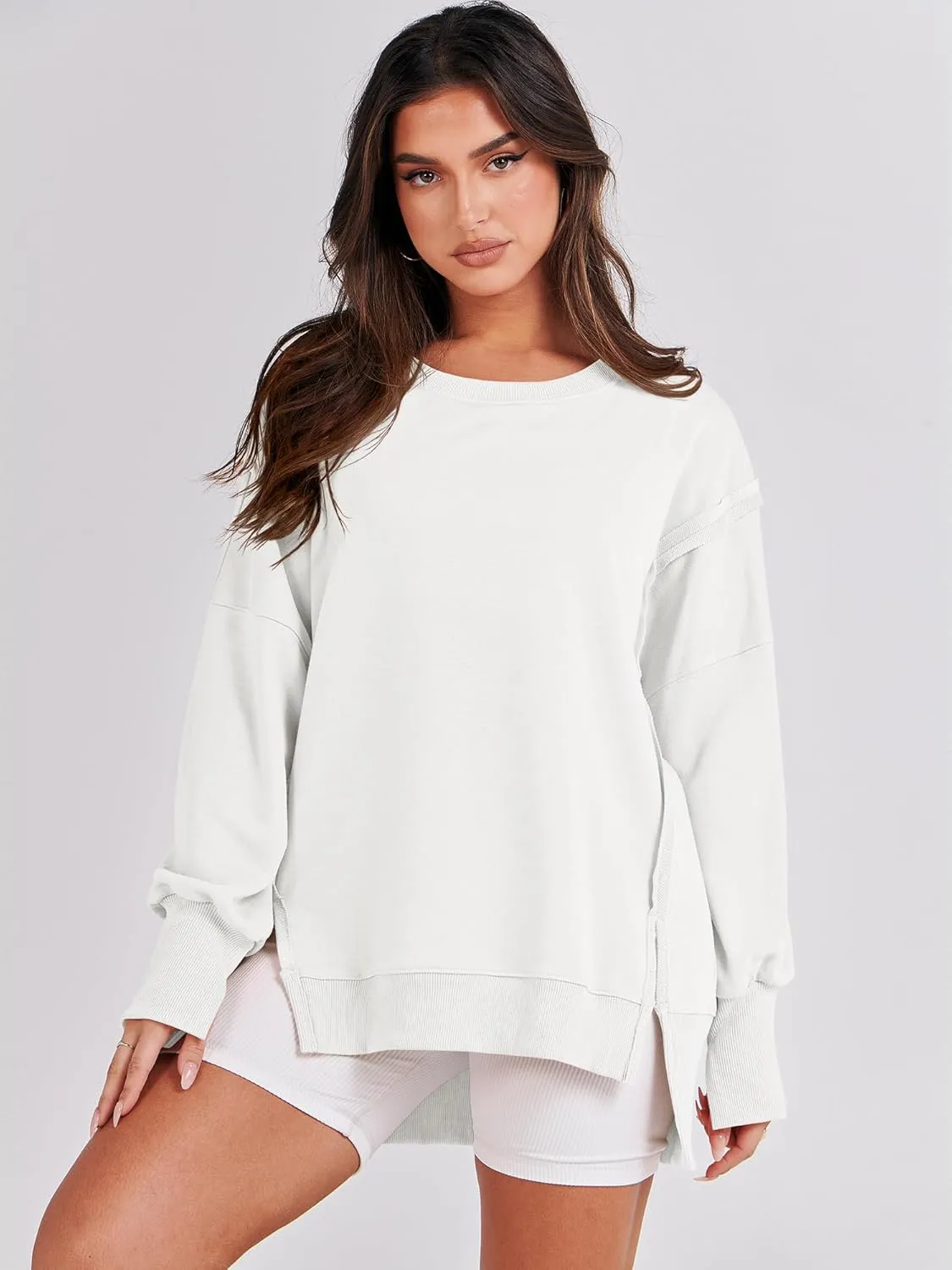 ANRABESS Women's Oversized Sweatshirts Crew Neck Long Sleeve Shirts Casual Loose Slit 2025 Fall Clothes