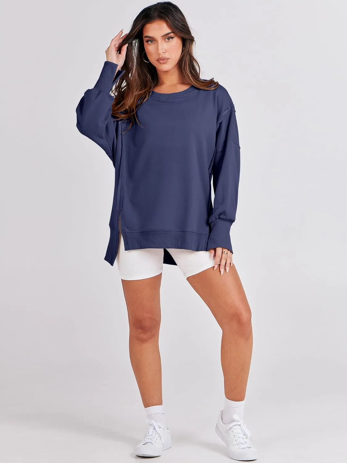 ANRABESS Women's Oversized Sweatshirts Crew Neck Long Sleeve Shirts Casual Loose Slit 2025 Fall Clothes