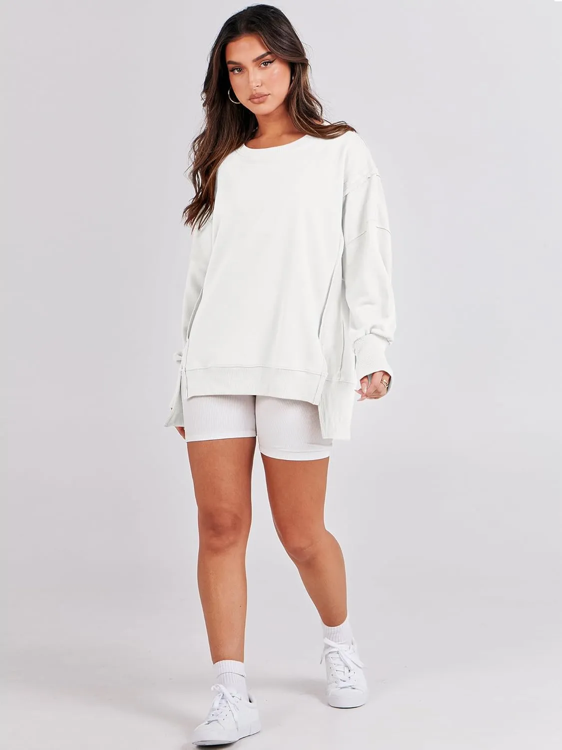 ANRABESS Women's Oversized Sweatshirts Crew Neck Long Sleeve Shirts Casual Loose Slit 2025 Fall Clothes