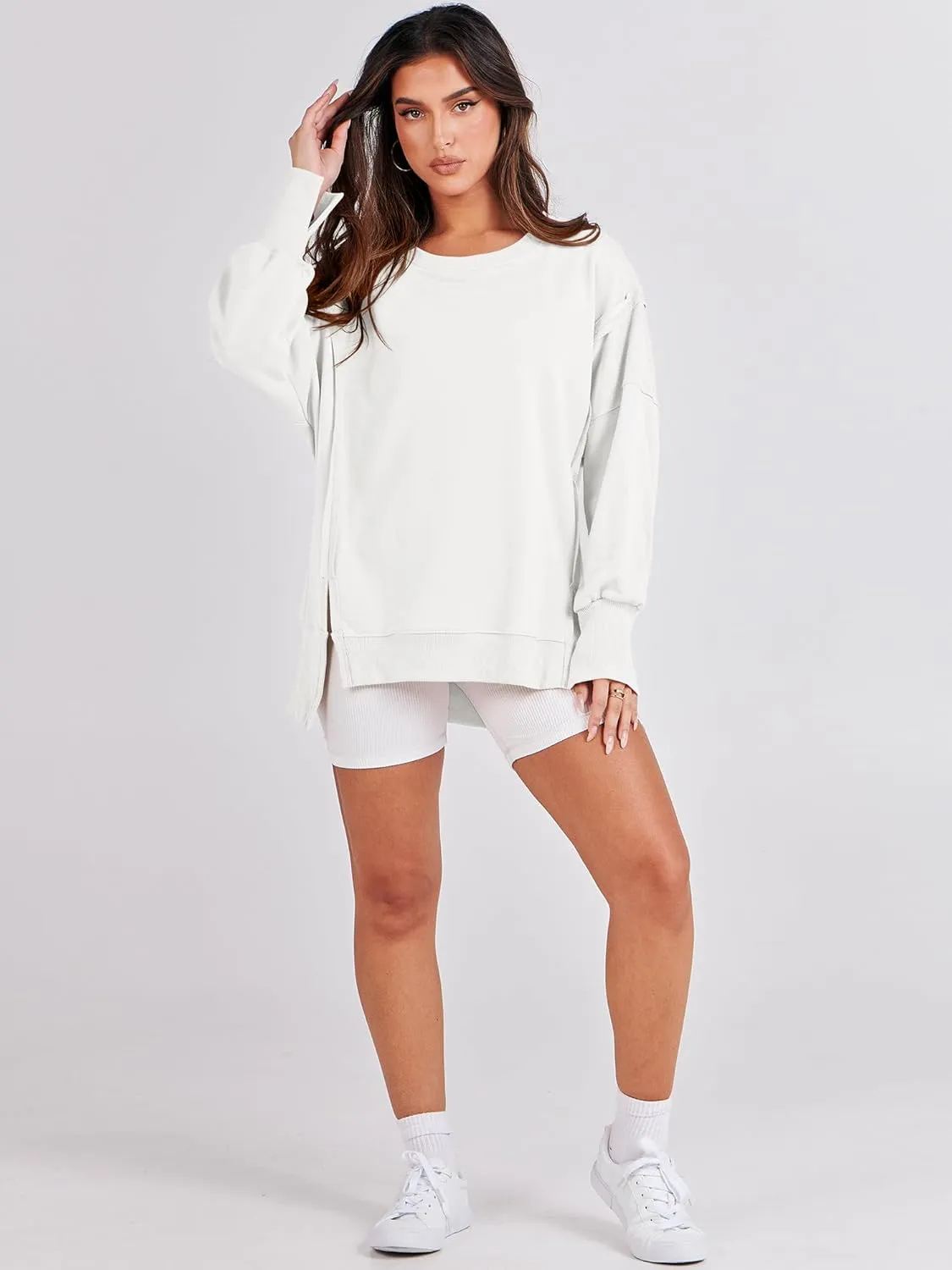 ANRABESS Women's Oversized Sweatshirts Crew Neck Long Sleeve Shirts Casual Loose Slit 2025 Fall Clothes