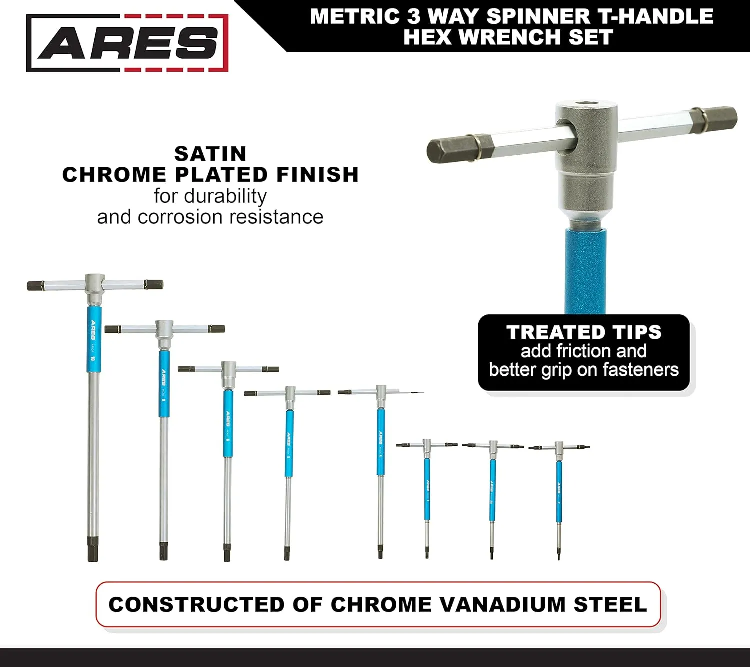 ARES 44001 – 8-Piece Metric 3-Way T-Handle Spinner Hex Allen Key Wrench Set – Sizes from 2mm to 10mm – Sliding Handle, Spinning Sleeve for Versatile Speed and Leverage Application