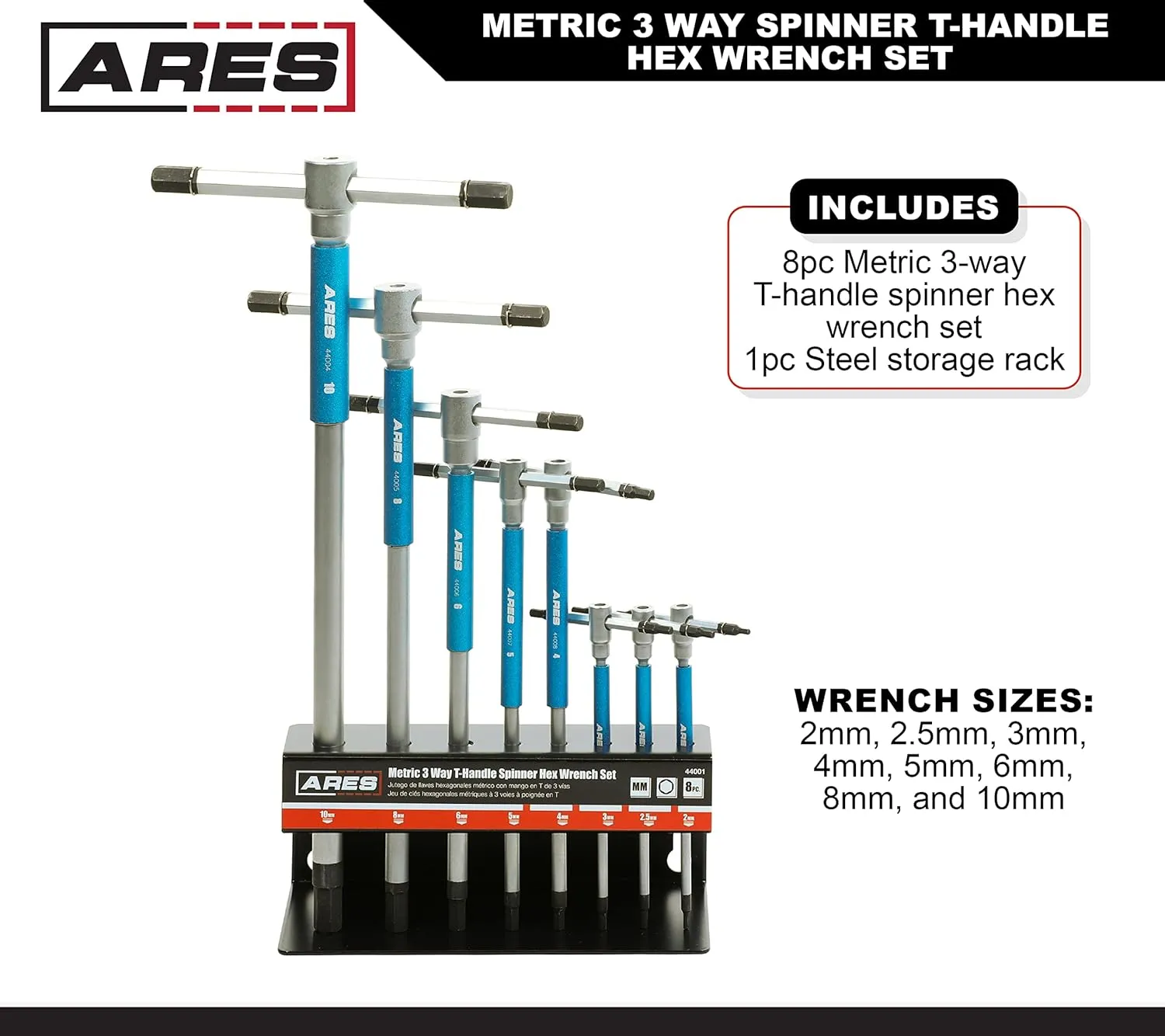 ARES 44001 – 8-Piece Metric 3-Way T-Handle Spinner Hex Allen Key Wrench Set – Sizes from 2mm to 10mm – Sliding Handle, Spinning Sleeve for Versatile Speed and Leverage Application