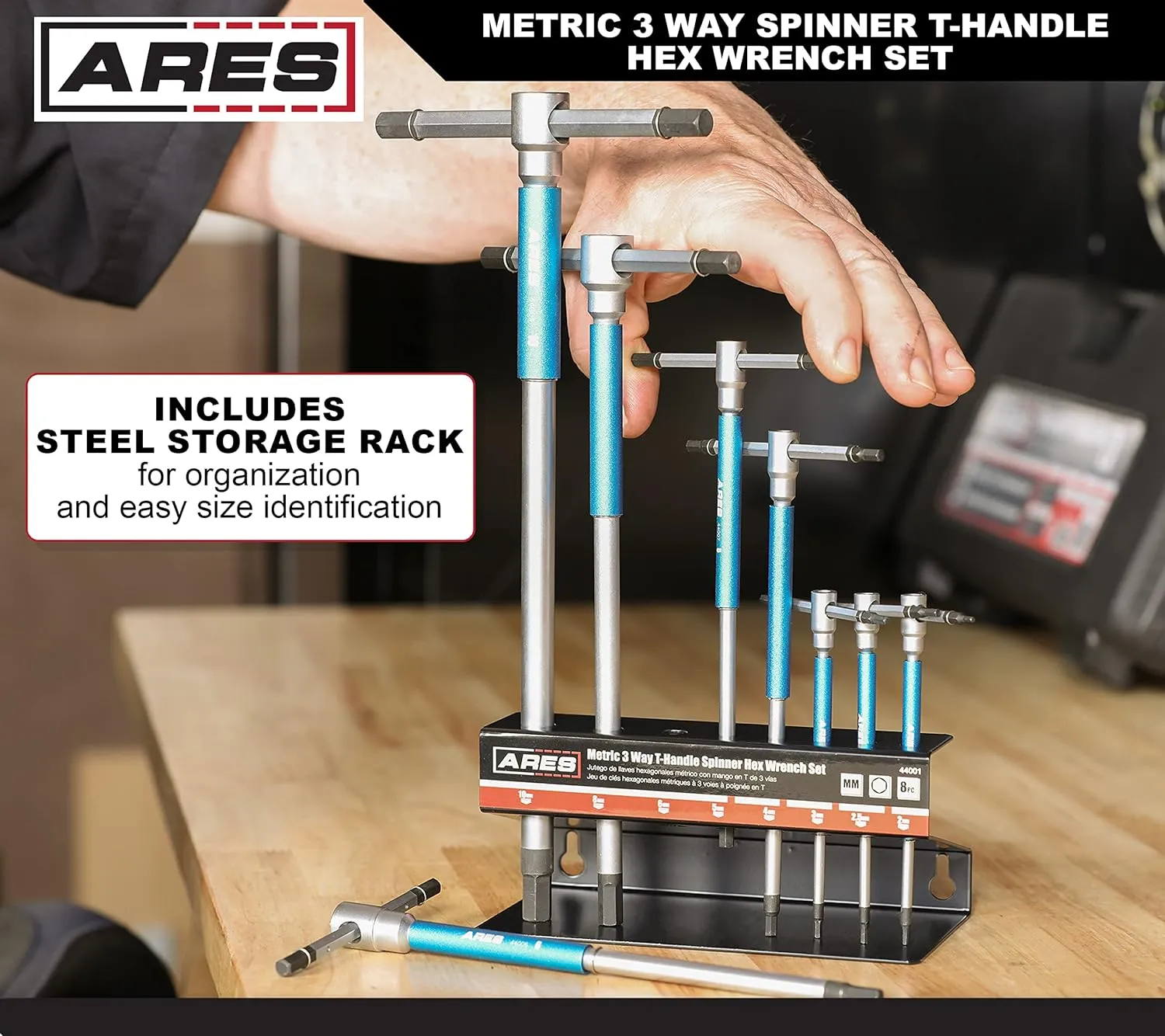 ARES 44001 – 8-Piece Metric 3-Way T-Handle Spinner Hex Allen Key Wrench Set – Sizes from 2mm to 10mm – Sliding Handle, Spinning Sleeve for Versatile Speed and Leverage Application