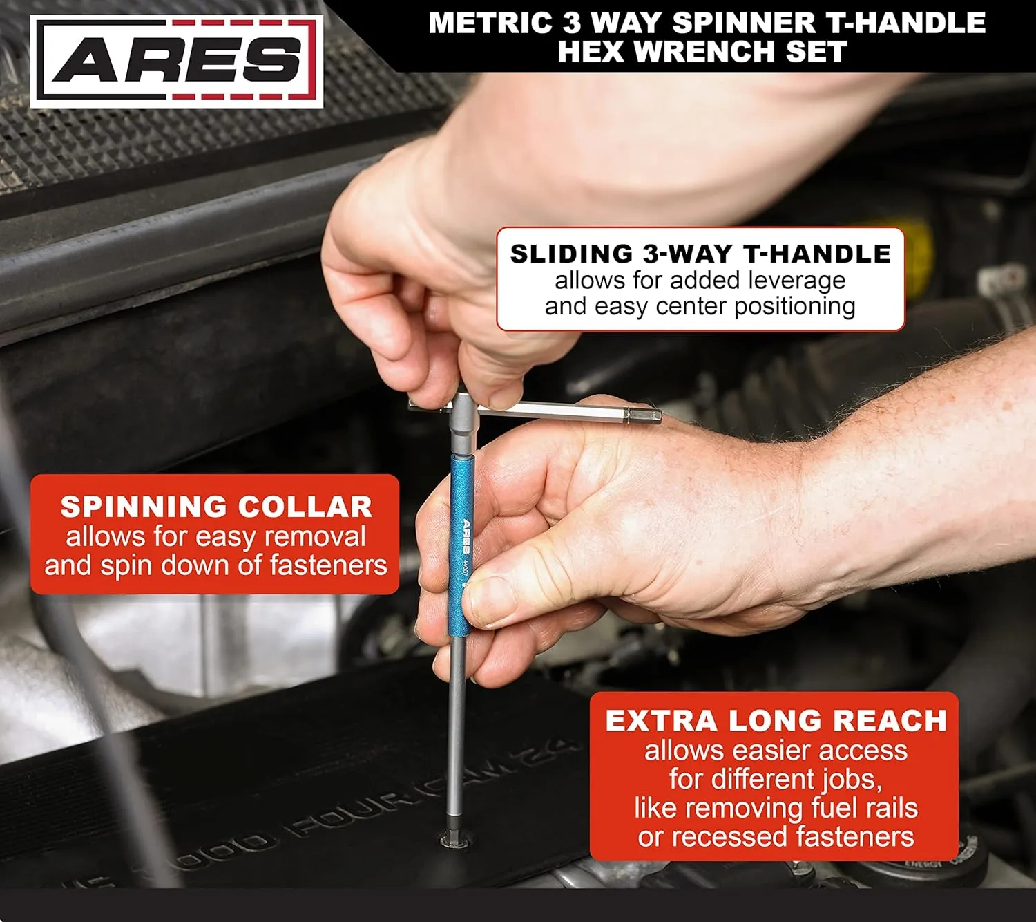ARES 44001 – 8-Piece Metric 3-Way T-Handle Spinner Hex Allen Key Wrench Set – Sizes from 2mm to 10mm – Sliding Handle, Spinning Sleeve for Versatile Speed and Leverage Application