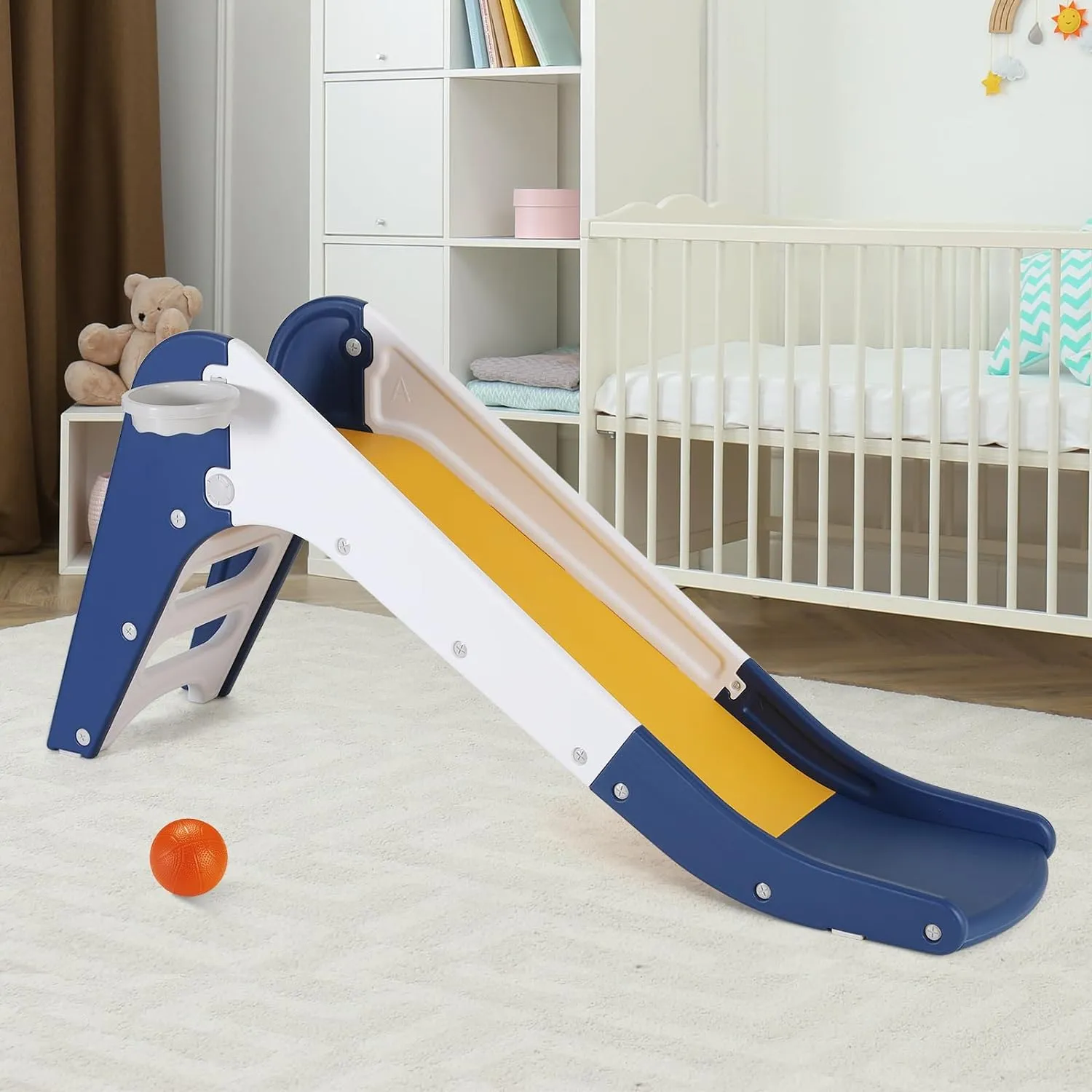 Arlopu Freestanding Kids Slide, Toddler Slide Climber with Basketball Hoop & Ball, Baby Playset w/Long Slope, for Boys and Girls Birthday, Sturdy Playground Toy for Indoor Outdoor Age 3  (Dark Blue)