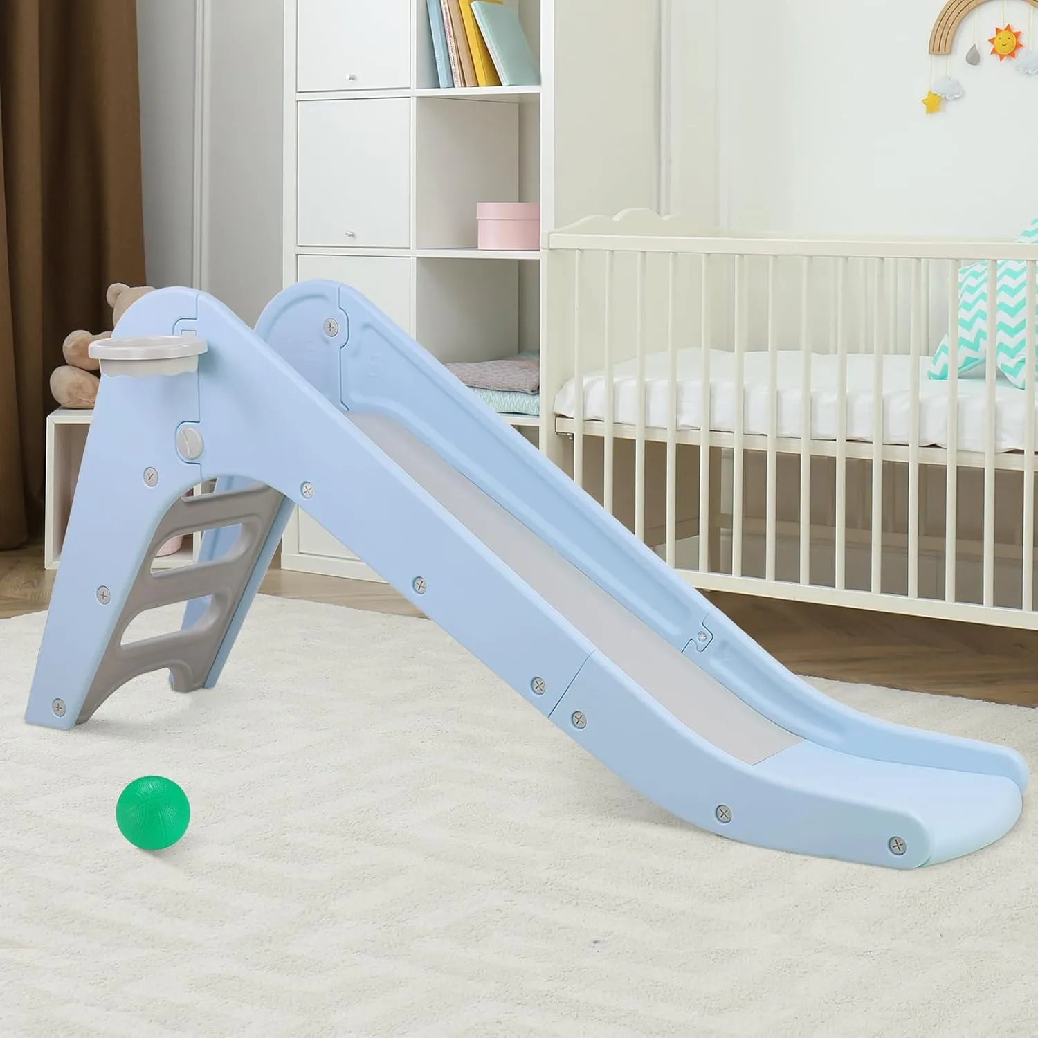 Arlopu Freestanding Kids Slide, Toddler Slide Climber with Basketball Hoop & Ball, Baby Playset w/Long Slope, for Boys and Girls Birthday, Sturdy Playground Toy for Indoor Outdoor Age 3  (Sky Blue)