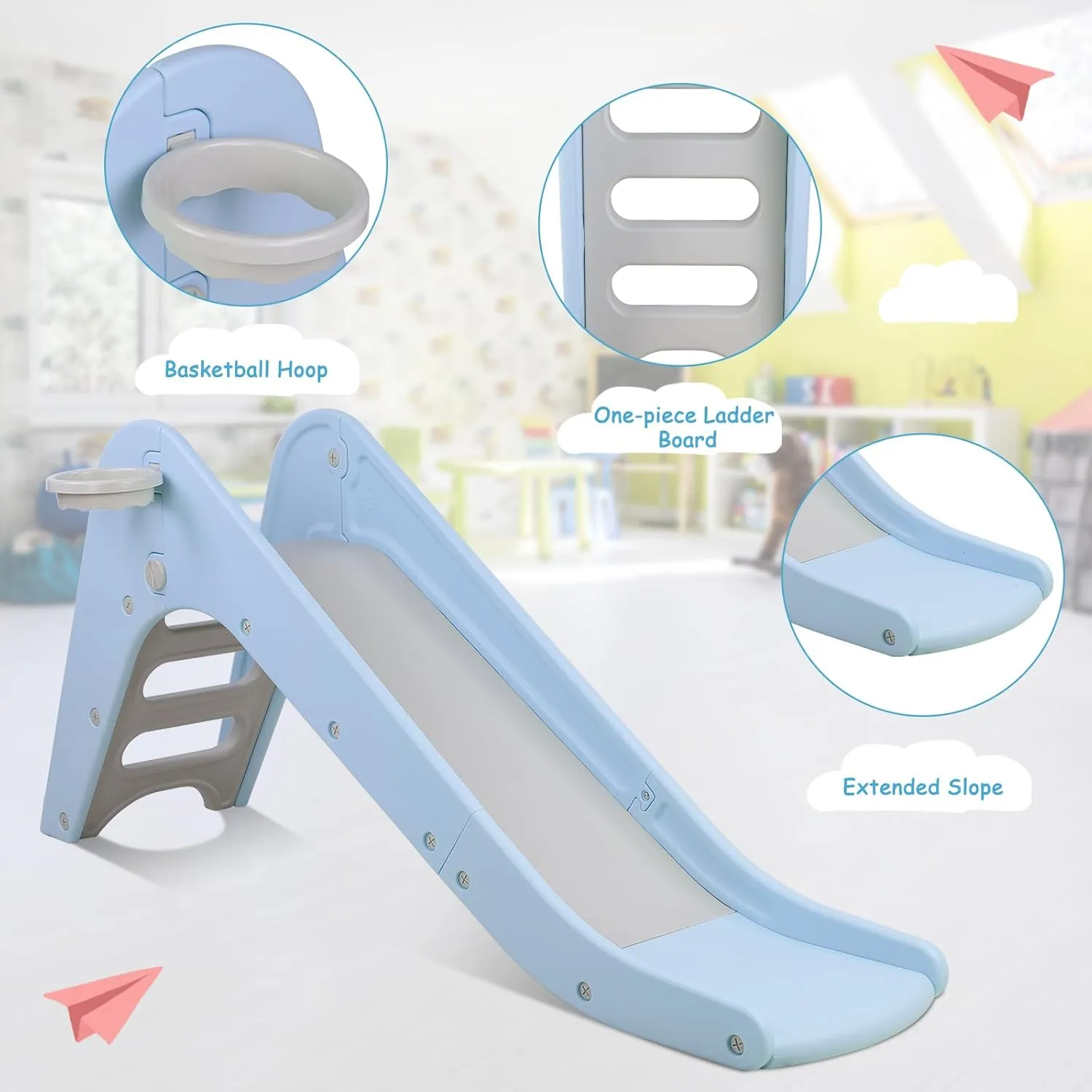 Arlopu Freestanding Kids Slide, Toddler Slide Climber with Basketball Hoop & Ball, Baby Playset w/Long Slope, for Boys and Girls Birthday, Sturdy Playground Toy for Indoor Outdoor Age 3  (Sky Blue)