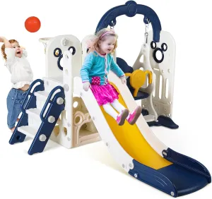 Arlopu Swing Slide for Kids, 6 in 1 Slide Climber for Toddler, with Ball & Hoop, Storage Space, Suction Cup Reinforced Base, Indoor Outdoor Playground, for Boys Girls Birthday (Dark Blue)