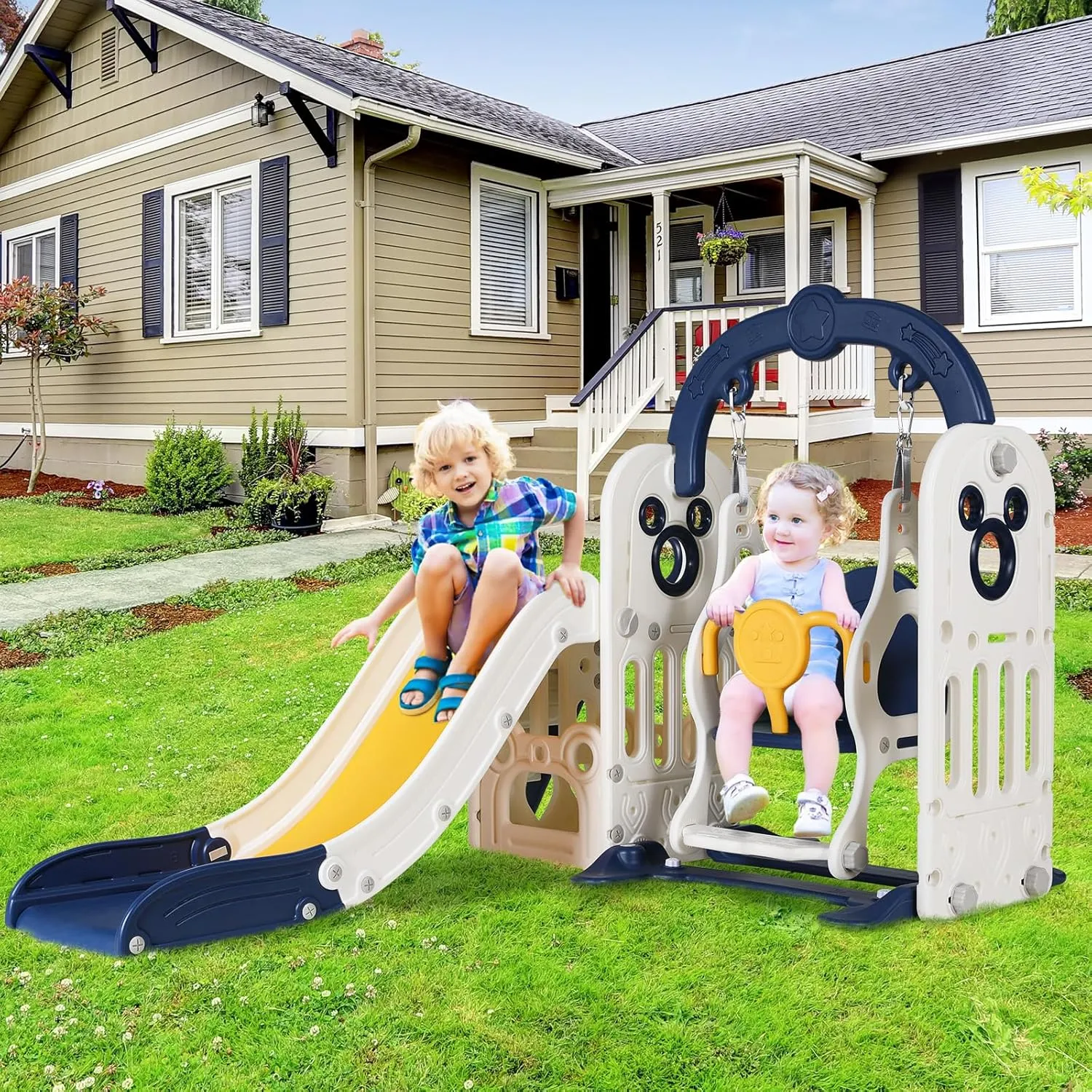 Arlopu Swing Slide for Kids, 6 in 1 Slide Climber for Toddler, with Ball & Hoop, Storage Space, Suction Cup Reinforced Base, Indoor Outdoor Playground, for Boys Girls Birthday (Dark Blue)
