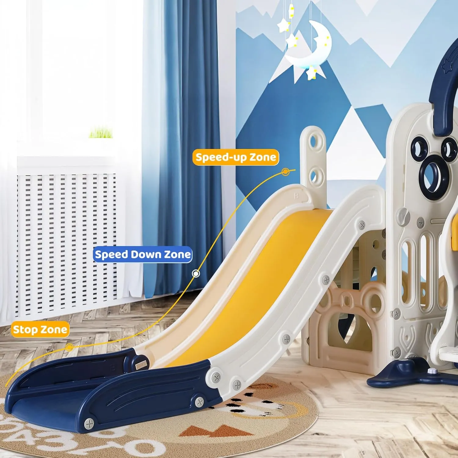 Arlopu Swing Slide for Kids, 6 in 1 Slide Climber for Toddler, with Ball & Hoop, Storage Space, Suction Cup Reinforced Base, Indoor Outdoor Playground, for Boys Girls Birthday (Dark Blue)