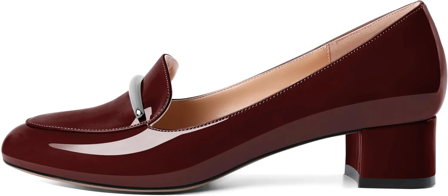 AUMOTED Women Low Block Chunky Heel Pumps Round Toe Slip On 1.5" Closed Toe Loafer Heels Chunky Office Dress Shoes