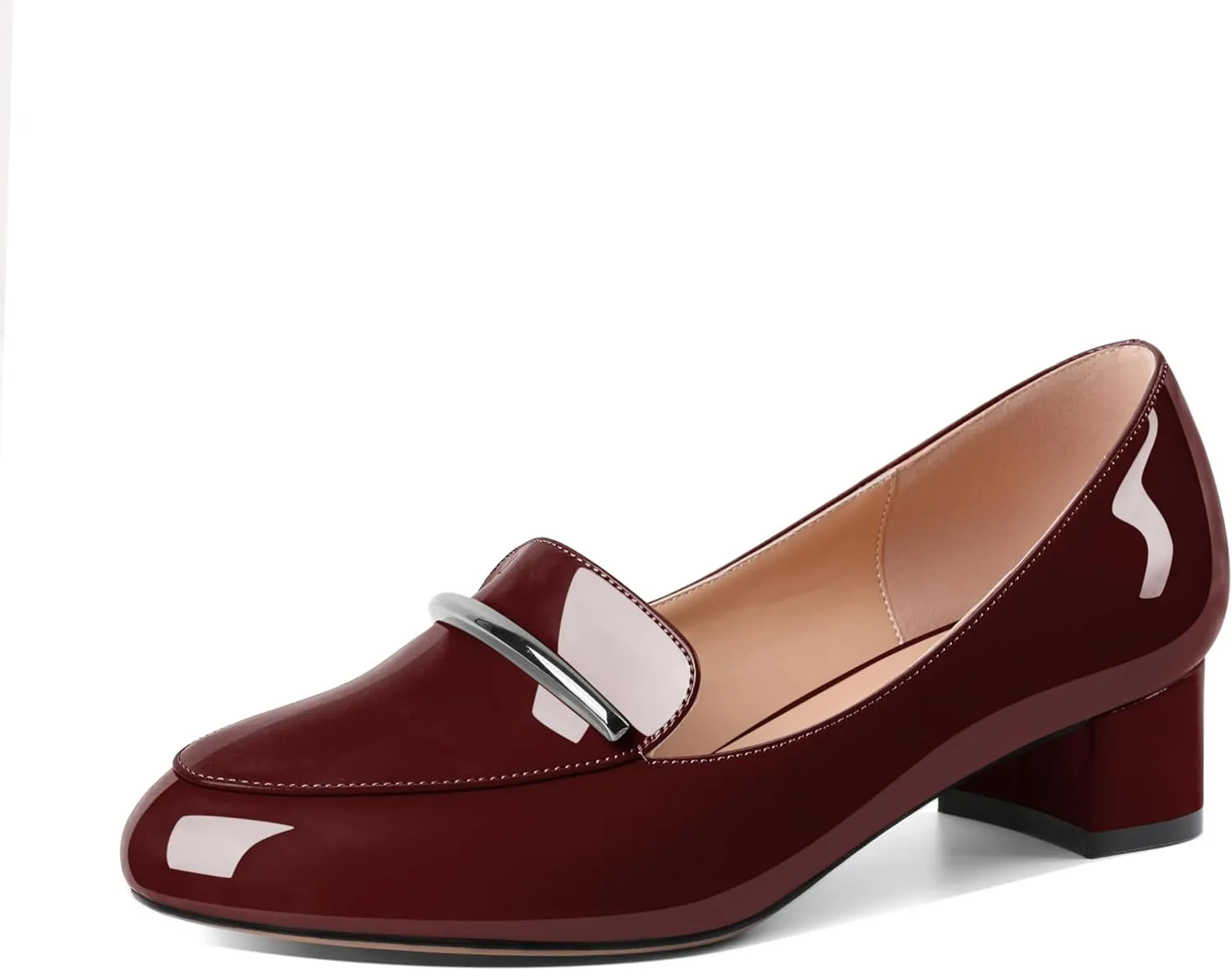 AUMOTED Women Low Block Chunky Heel Pumps Round Toe Slip On 1.5" Closed Toe Loafer Heels Chunky Office Dress Shoes
