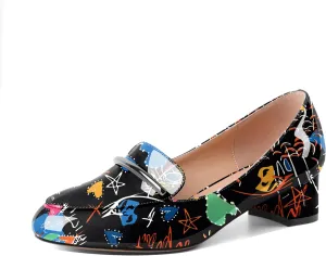AUMOTED Women Low Block Chunky Heel Pumps Round Toe Slip On 1.5" Closed Toe Loafer Heels Chunky Office Dress Shoes
