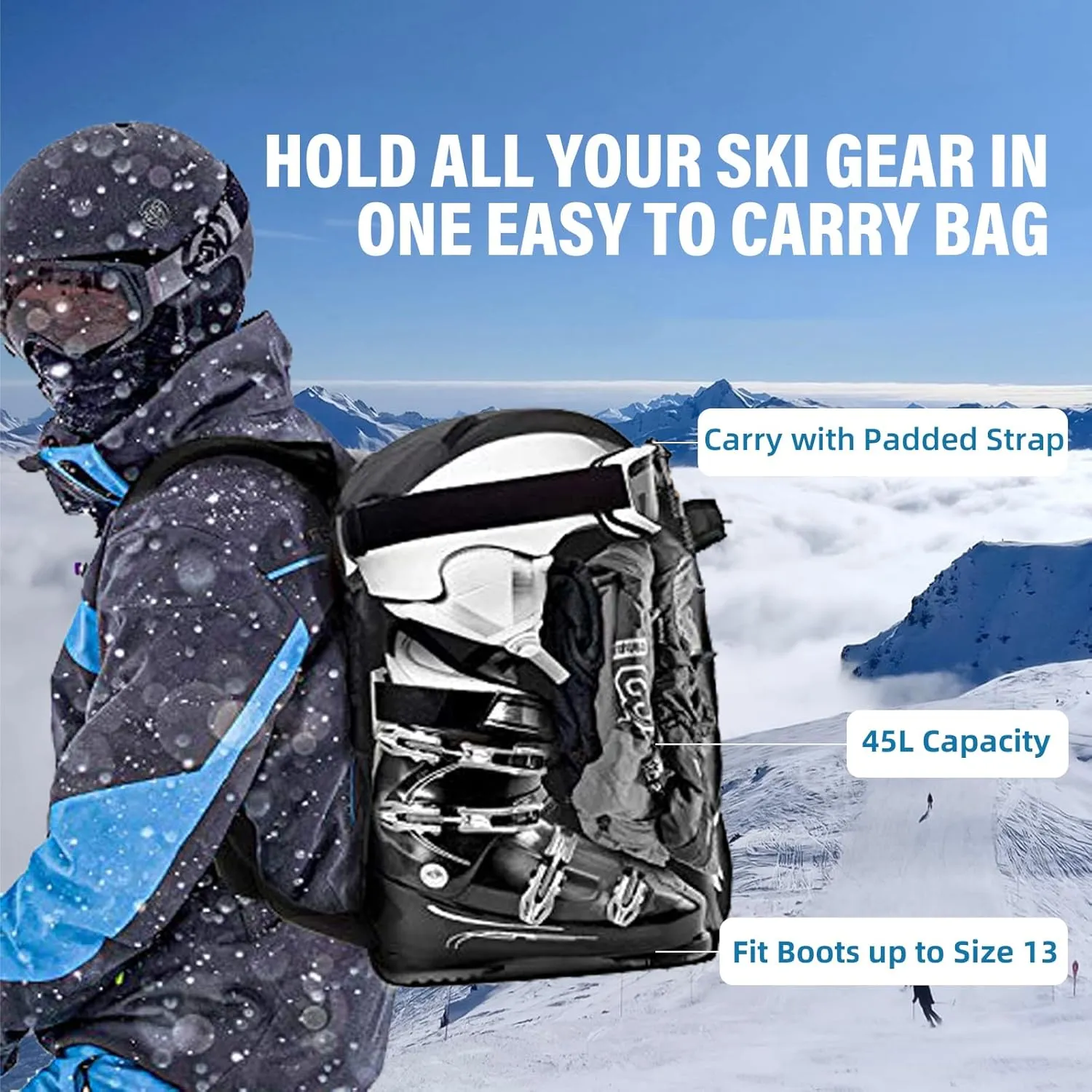 AUMTISC Ski Boot Bag Backpack, Padded SKi Boots and Helmet Bags for Flying Air Travel, Skiing Gear, Goggles, Gloves, Skis & Snowboard