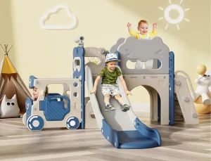 Babytronic Toddler Slide, 9 in 1 Kids Indoor Bus Slide for Toddlers 1-3, Baby Indoor Outdoor Slide with Basketball Hoop and Bus Play House, Bus Toddler Slide Playset Toddler Playground(Blue&Gray)